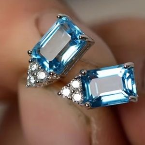 💠NWT- Light Blue & Diamond Zircon Emerald Cut Earrings set in Silver Overlay💠